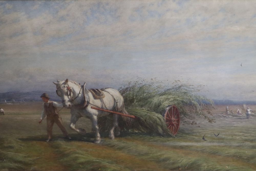 Walter Field (1837-1901), watercolour, Haymaking on the Thames, signed and dated 67, 38 x 65cm